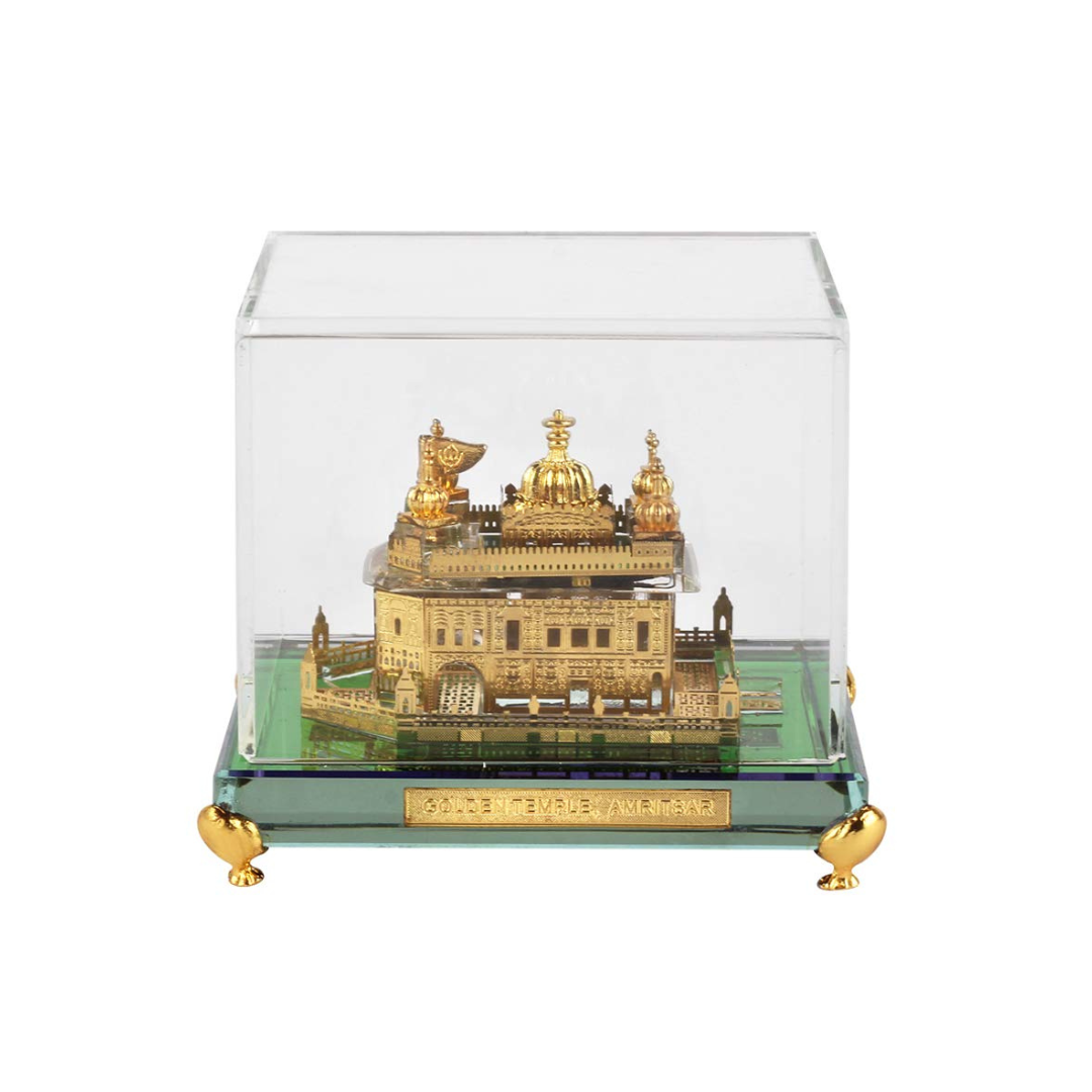 24K Gold Plated Golden Temple Square Crystal Showpiece With Led Light (14 × 8.89 × 8.89 cm)