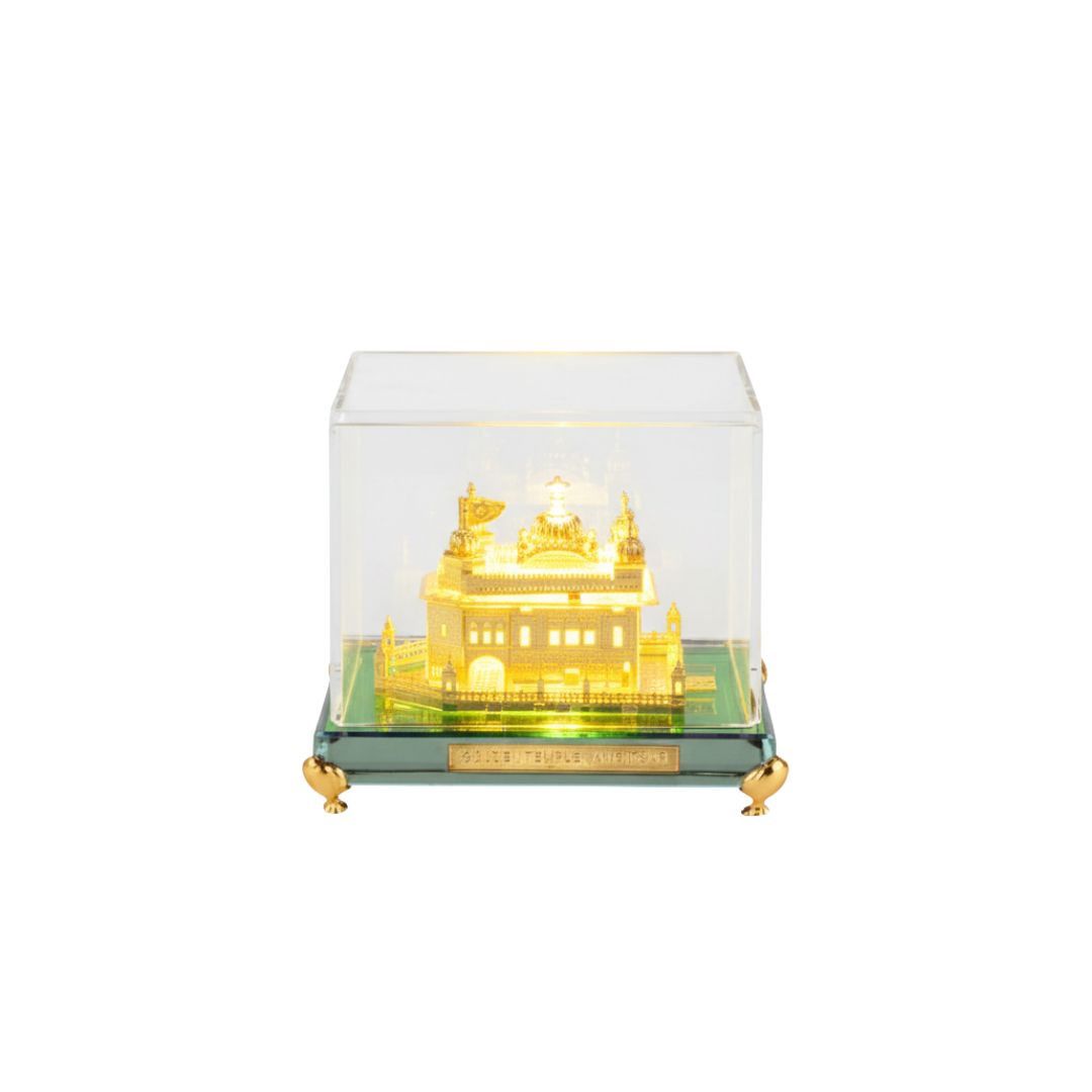 24K Gold Plated Golden Temple Square Crystal Showpiece With Led Light (Small )