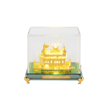 24K Gold Plated Golden Temple Square Crystal Showpiece With Led Light (14 × 8.89 × 8.89 cm)