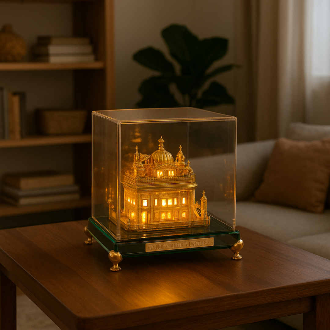 24K Gold Plated Golden Temple Square Crystal Showpiece With Led Light (14 × 8.89 × 8.89 cm)
