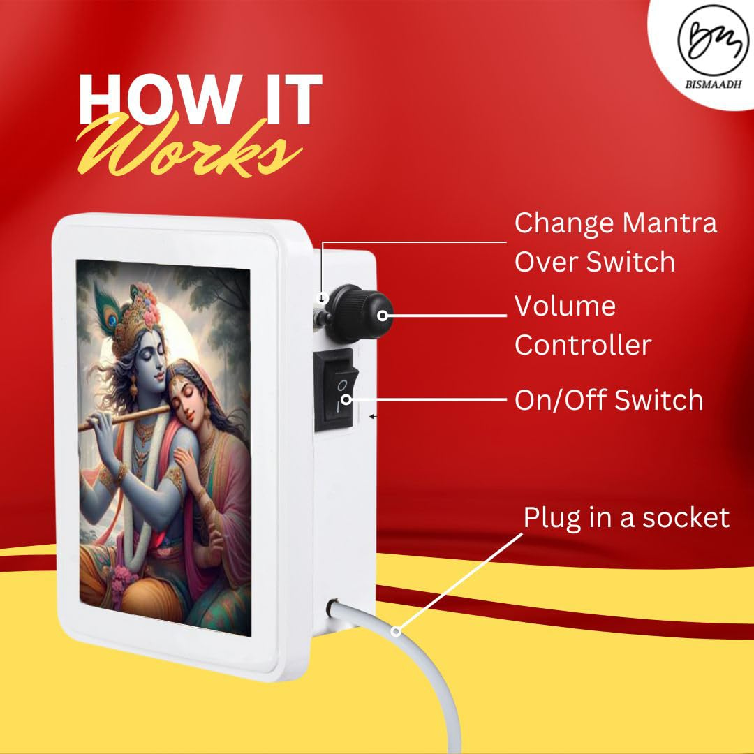BISMAADH Classic Wired Krishna Mantra Box with 4-Inch LED Display 7 in 1 Recorded Mantar Krishna Bhajans & Jaap Speaker Box