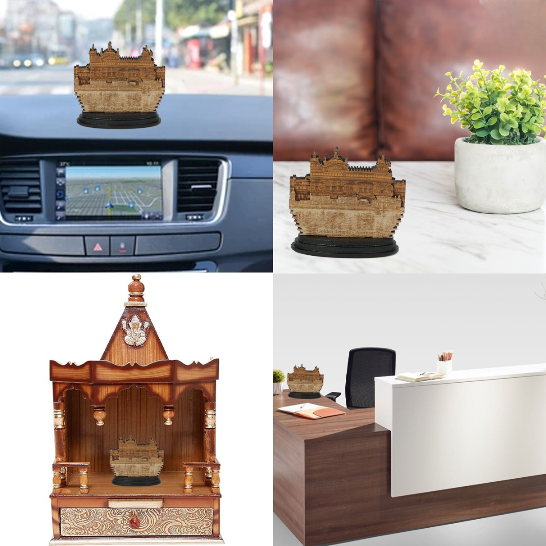 Wooden Spiritual Car Dashboard Stand Golden Temple